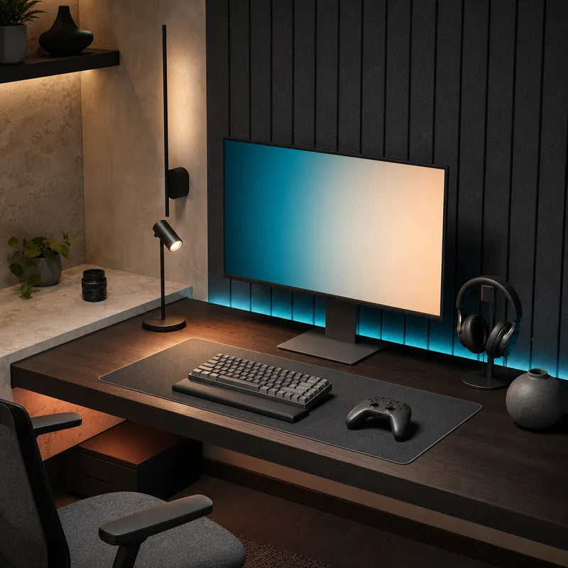 AI concept scene of a refined desk and gaming room with ambient lighting