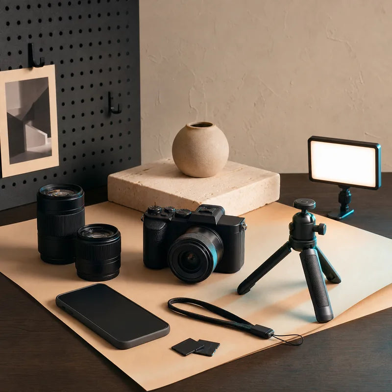 Creative studio with photography tools and mobile accessories