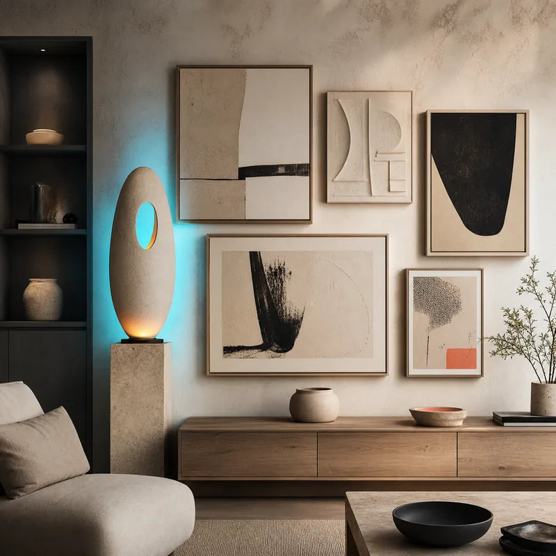 Contemporary room with expressive wall art, ambient light, and considered décor