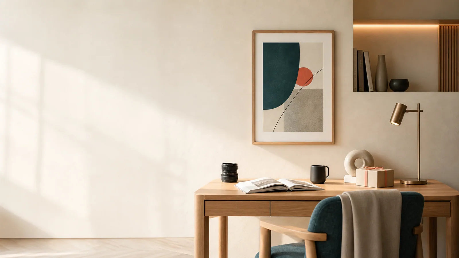 AI concept scene of a bright modern room with wall art, ambient lighting, a refined desk setup, and a gift